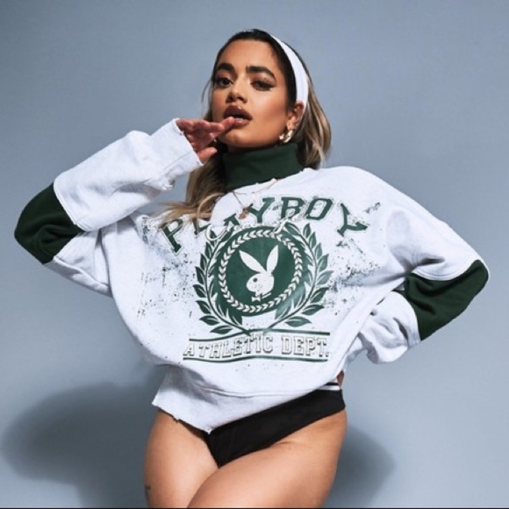 Playboy x Missguided Gray Marl Varsity High Neck Sweatshirt
